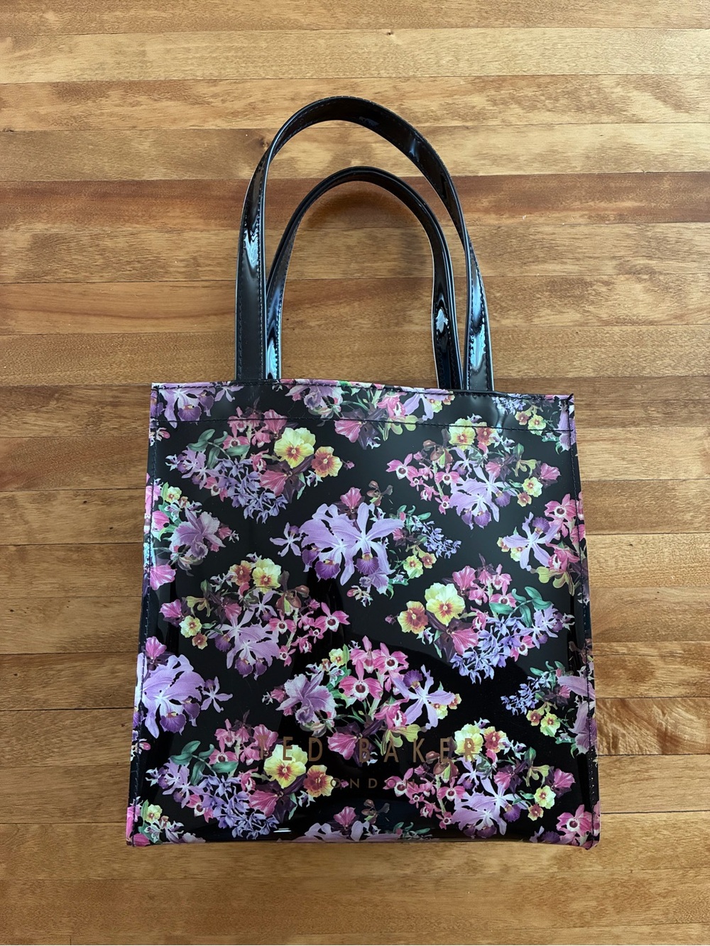 Ted Baker London Black Floral Patent Tote with Pink & Yellow Blooms